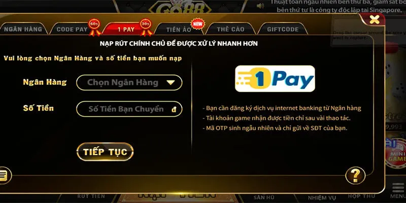 Cách nạp tiền Go88 qua 1 Pay